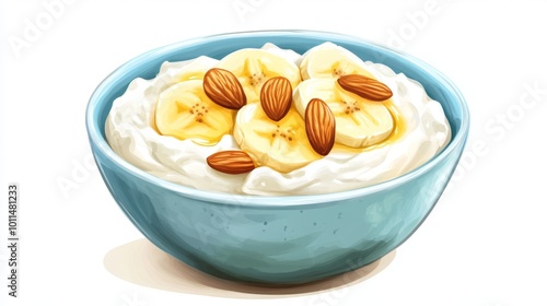 Illustration of cottage cheese with banana and almonds