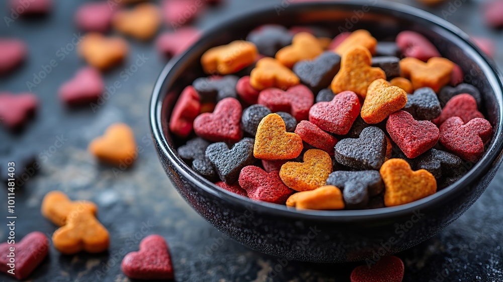 heart shaped bowl filled with colorful pet snacks in bone ,heart shapes symbolizing love ,care for pets heart shaped bowl filled with colorful pet snacks in bone ,heart shapes symbolizing love ,care for pets