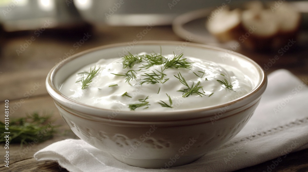 Creamy Greek yogurt dip with dill in rustic bowl Creamy Greek yogurt dip with dill in rustic bowl