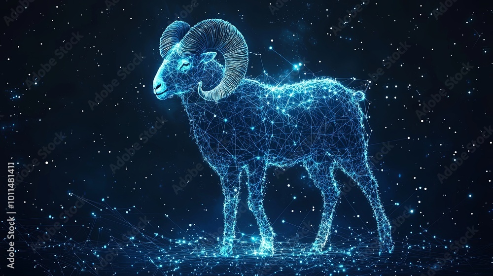 An ethereal depiction of a ram emerges in this image, outlined by a luminescent digital mesh that radiates a mysterious blue glow set against the deep cosmos. An ethereal depiction of a ram emerges in this image, outlined by a luminescent digital mesh that radiates a mysterious blue glow set against the deep cosmos.