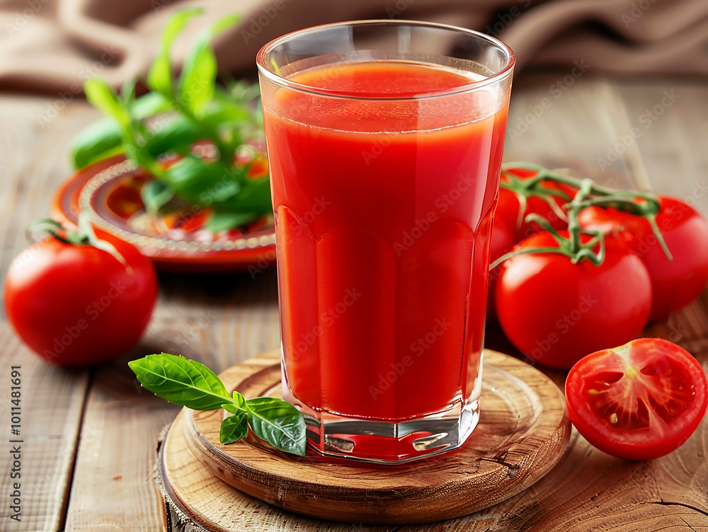 Red natural tomato juice in a transparent glass, with green mint leaves, on a background of fresh tomatoes Red natural tomato juice in a transparent glass, with green mint leaves, on a background of fresh tomatoes