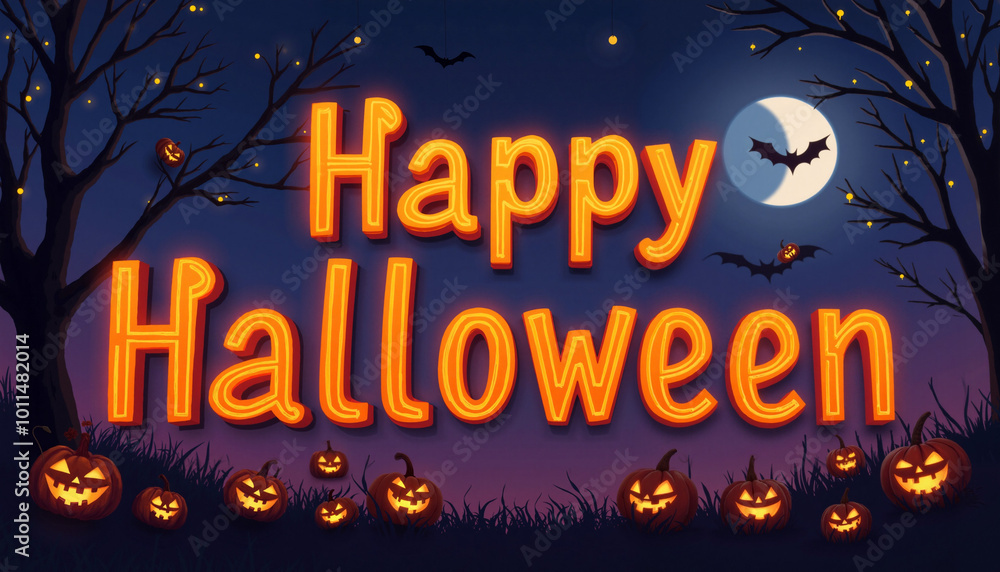 A Halloween illustration featuring glowing jack-o'-lanterns and the text A Halloween illustration featuring glowing jack-o'-lanterns and the text