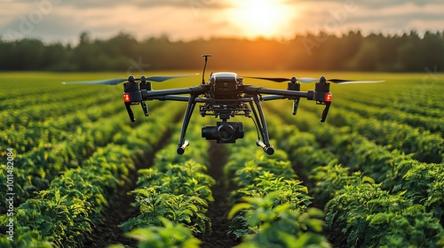 high tech agricultural drones flying over vast farm field demonstrating advanced spraying capabilities for efficient weed ,pest control showcasing the concept of smart farming automation