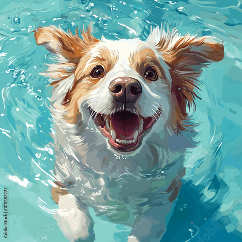 Cute Joyful Dog plays in the water dogs frolic on the beach Watercolor Vector