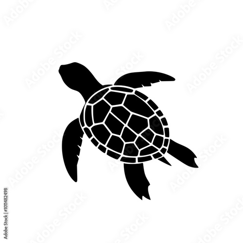 Black turtle silhouette swimming underwater on a white background with copy space


