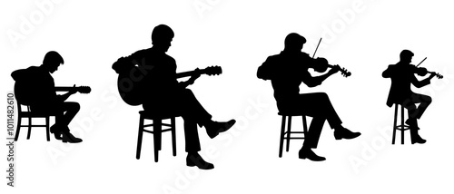 Man playing Guitar and Violin. Musician playing musical instruments silhouette black filled vector Illustration icon