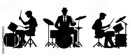 Man playing drum silhouette. Musician playing musical instruments silhouette black filled vector Illustration icon