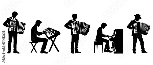 Man playing Accordion, Keyboard and Piano. Musician playing musical instruments silhouette black filled vector Illustration icon