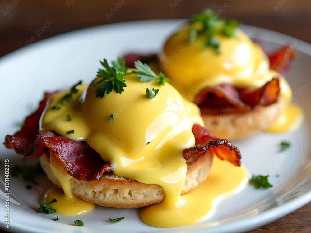 A Plate Of Eggs Benedict With Hollandaise Sauce, Perfectly Poached Eggs, And Canadian Bacon On An English Muffin, Garnished With Fresh Herbs, Food Menu Style, Food Photography A Plate Of Eggs Benedict With Hollandaise Sauce, Perfectly Poached Eggs, And Canadian Bacon On An English Muffin, Garnished With Fresh Herbs, Food Menu Style, Food Photography