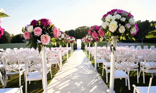 White chairs lined up with flowers down the aisle in a grassy outdoor wedding ceremony.