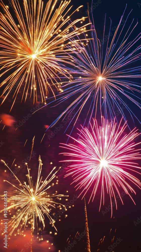 A vibrant display of fireworks lighting up a deep purple and gold sky, with shimmering sparkles scattered across the scene. Ideal for Diwali-themed event posters or celebratory announcements A vibrant display of fireworks lighting up a deep purple and gold sky, with shimmering sparkles scattered across the scene. Ideal for Diwali-themed event posters or celebratory announcements