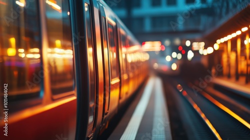 A train approaching the station with illuminated platform and blurred background. photo