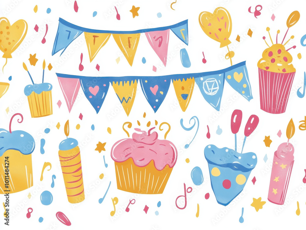 A colorful party pattern with cakes, balloons, and festive decorations for cheerful celebrations A colorful party pattern with cakes, balloons, and festive decorations for cheerful celebrations