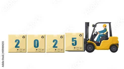 Animation of worker driving a forklift loading boxes with the word 2025. Lift truck transporting a box packing pallet. Industrial storage and distribution of products. Seamless loop animation