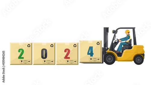 Animation of worker driving a forklift loading boxes with the word 2024. Lift truck transporting a box packing pallet. Industrial storage and distribution of products. Seamless loop animation