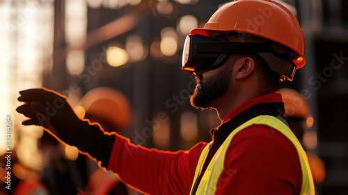 Obraz na płótnie Construction worker using virtual reality on site during sunset, silhouette effect.