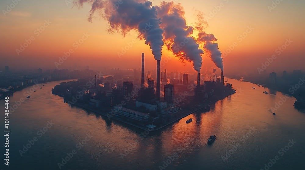Fototapeta premium industrial power plant with thick co2 smoke from chimney pollution ,carbon dioxide emissions footprint from fossil fuel burning global warming cause ,urban environment problem from factories