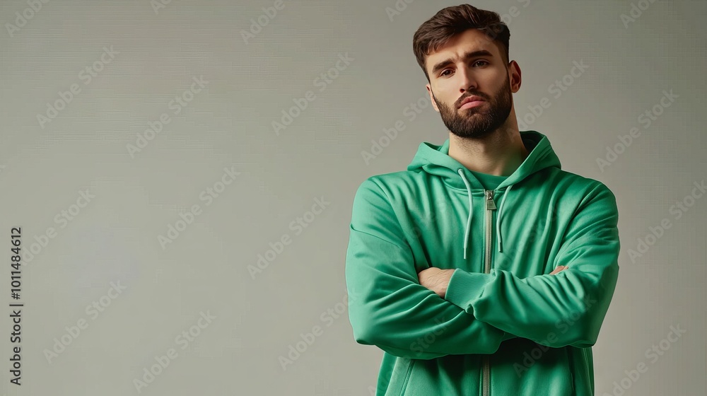 Handsome man wear of green set of track suit isolated on grayl background Handsome man wear of green set of track suit isolated on grayl background