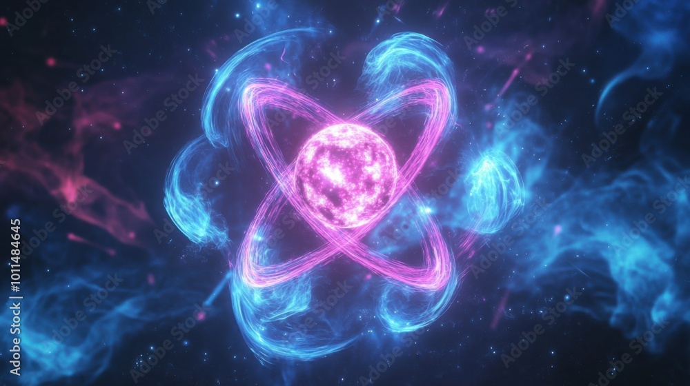 Neon particle clouds swirling around an atomic nucleus, representing radioactive decay--perfect for nuclear physics or chemistry-themed designs. Neon particle clouds swirling around an atomic nucleus, representing radioactive decay--perfect for nuclear physics or chemistry-themed designs.