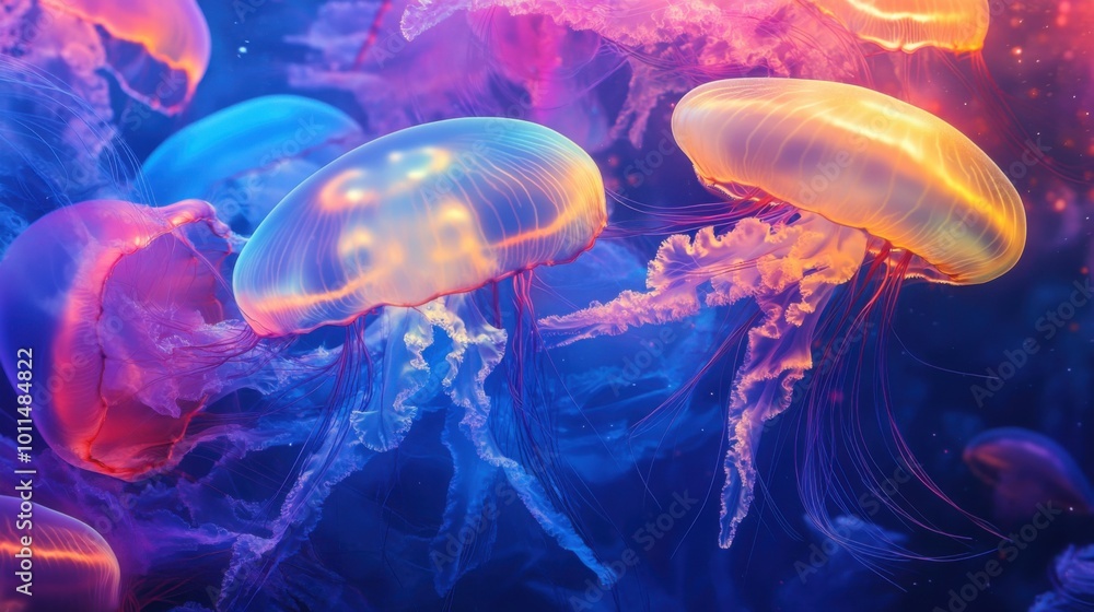 Neon jellyfish glowing softly as they drift through an abstract underwater world, surrounded by vibrant colors--ideal for aquarium-themed art or surreal fantasy designs. Neon jellyfish glowing softly as they drift through an abstract underwater world, surrounded by vibrant colors--ideal for aquarium-themed art or surreal fantasy designs.