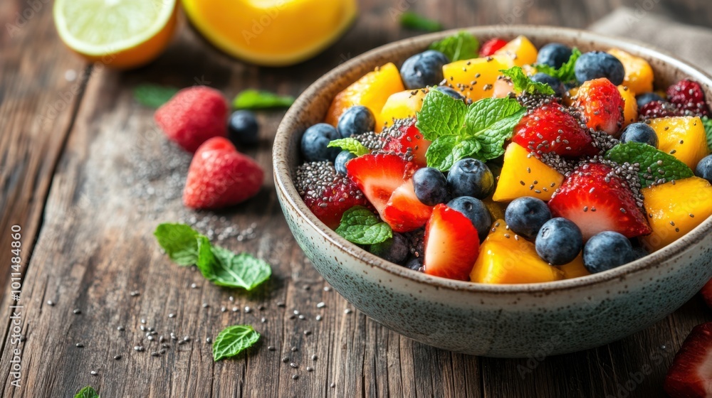 A bowl of fresh fruit salad with mint and chia seeds on a rustic wooden background, providing plenty of space for text. A bowl of fresh fruit salad with mint and chia seeds on a rustic wooden background, providing plenty of space for text.