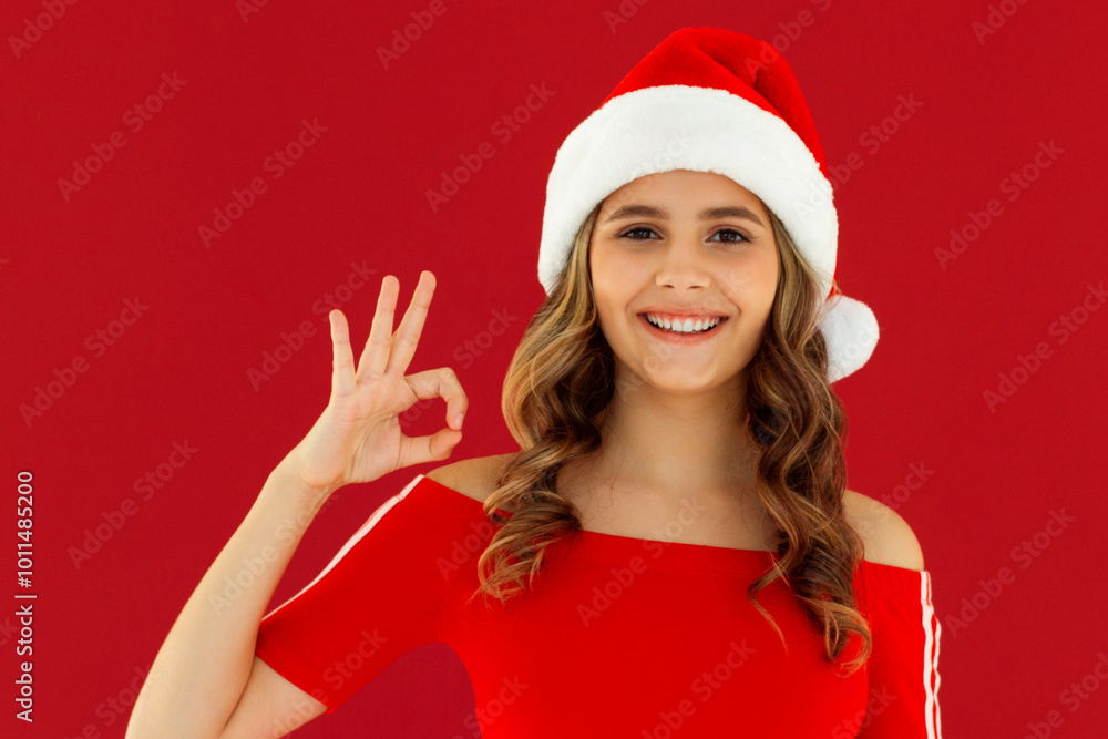 Young funny european woman in red dress and christmas hat showing ok sign and smiling. Happy New Year and Merry Christmas concept Young funny european woman in red dress and christmas hat showing ok sign and smiling. Happy New Year and Merry Christmas concept