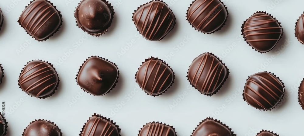 Dark chocolate candies with swirly decoration pattern on a white background, top view Dark chocolate candies with swirly decoration pattern on a white background, top view
