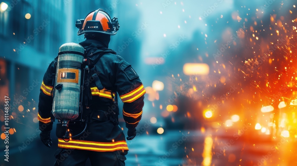 Emergency responder in action city background clean composition minimal details Emergency responder in action city background clean composition minimal details