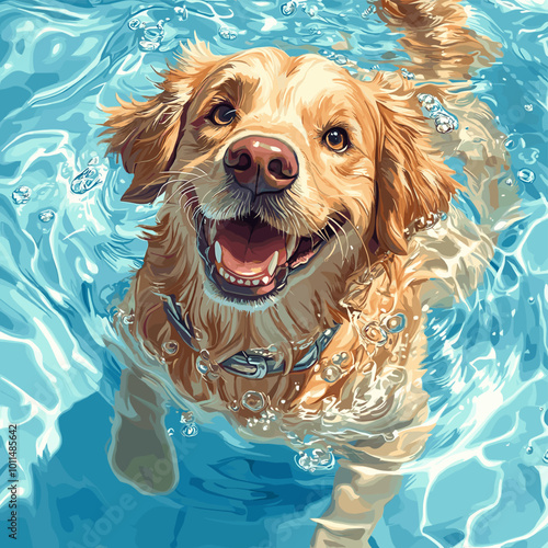 Cute Joyful Dog plays in the water dogs frolic on the beach Watercolor Vector