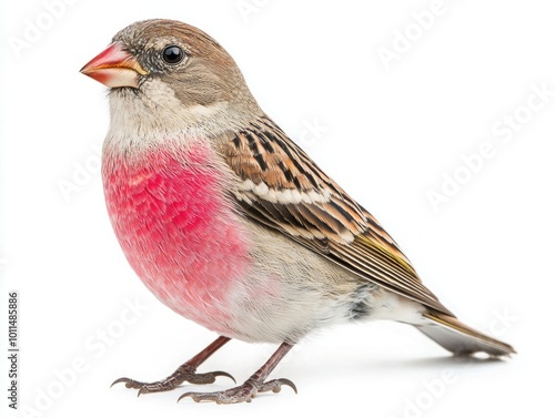 linnet stands proudly, its small body adorned with a striking red chest. This charming bird captures the essence of beauty in nature, alone in a bright, minimalist setting.