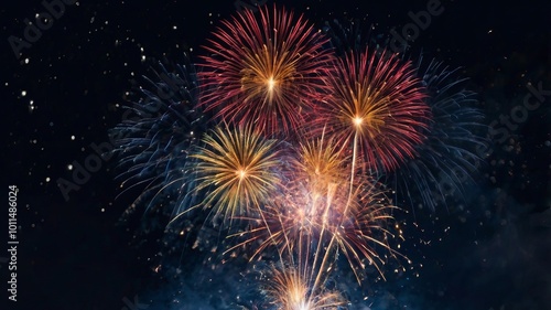 Colorful New Year’s fireworks against a dark blue background, bursting with sparks and light.