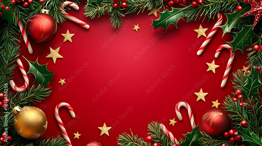 A Merry Christmas banner in flat vector style, ribbon-like design wrapping around the edges, plenty of space for text in the center, Christmas trees and stars in the crimson red background A Merry Christmas banner in flat vector style, ribbon-like design wrapping around the edges, plenty of space for text in the center, Christmas trees and stars in the crimson red background