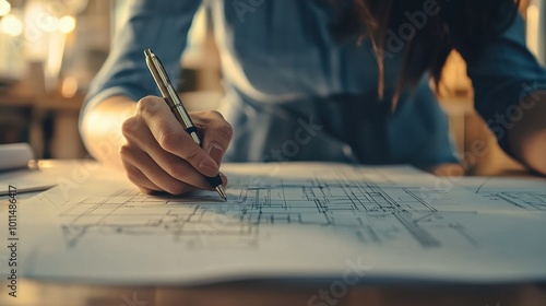 A close-up image of a woman's s hand holding a pen, working on architectural blueprints with detailed lines and measurements