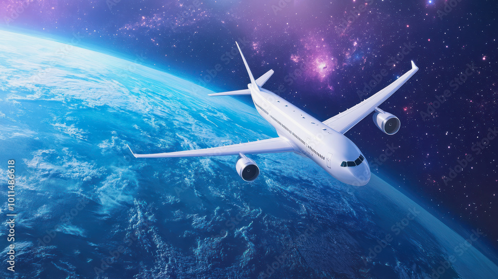 Fototapeta premium A plane soaring above the Earth, showcasing the beauty of our planet and the vastness of space in a breathtaking view