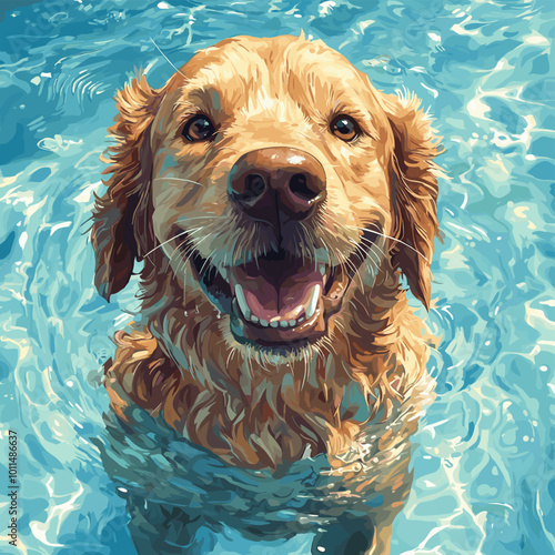Cute Joyful Dog plays in the water dogs frolic on the beach Watercolor Vector