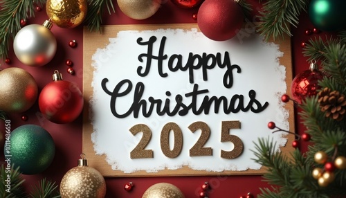 New Year's greetings for 2025 surrounded by New Year's decorations and Christmas tree branches. Ai generated