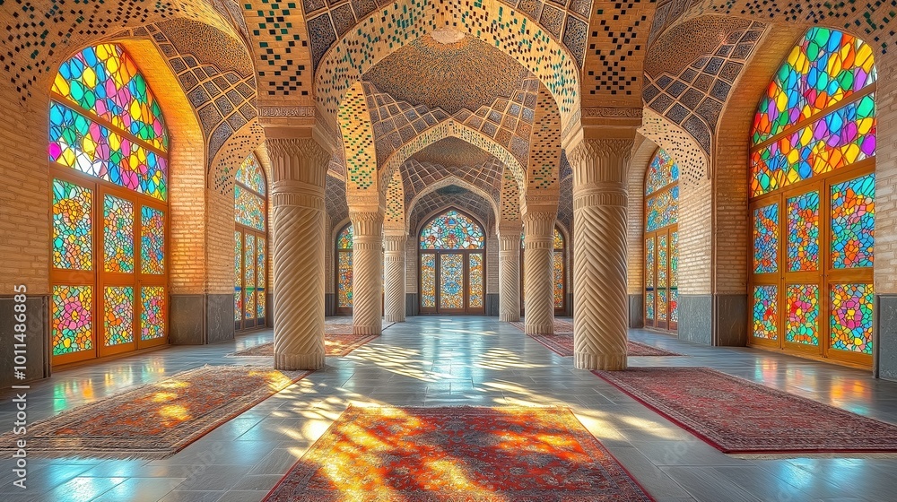 Obraz premium Sunlight beams through Nasir al-Mulk Mosque's stained glass windows, casting colorful reflections