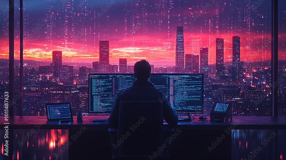 High-Tech Workspace with Expert in Cityscape View High-Tech Workspace with Expert in Cityscape View
