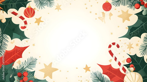 A flat vector illustration of a Merry Christmas banner, festive decorations with holly leaves, baubles, and twinkling lights, ample white space for text