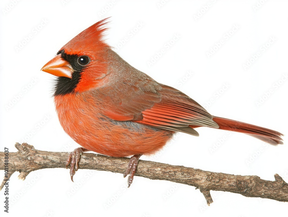 Naklejka premium northern cardinal elegantly rests on a branch, displaying its bright red plumage and distinct black mask. The bird stands out beautifully against a white backdrop.