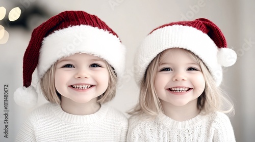 A little girl wearing a red hat and white sweater is smiling, with Christmas lights in the background.