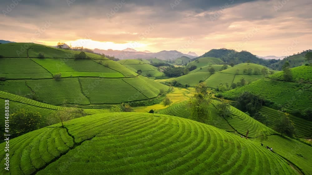 Beautiful sunset over Long Coc tea hill in agricultural field at Vietnam Beautiful sunset over Long Coc tea hill in agricultural field at Vietnam