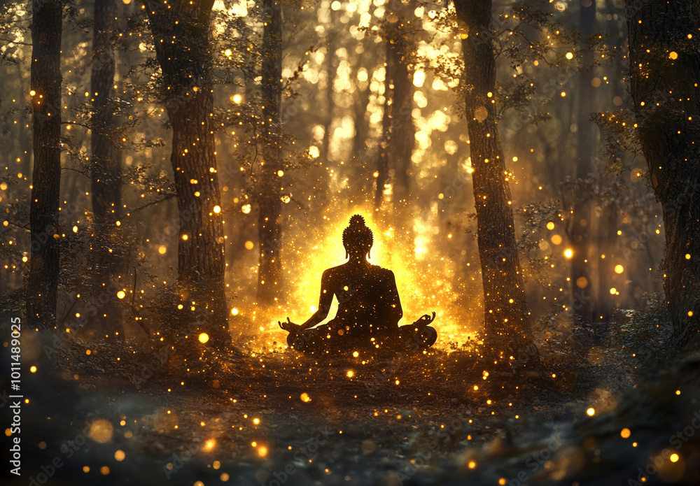 Obraz premium Buddha meditating in a lotus position under glowing trees, with ethereal lights and soft glow effects creating an aura around him. 