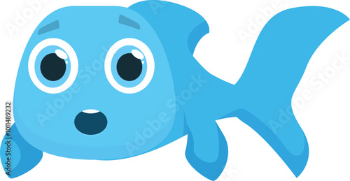 Surprised blue fish cartoon character swimming with its mouth open