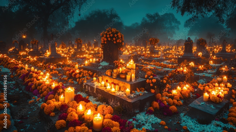 A wide-angle view of a cemetery at night, illuminated by hundreds of candles placed on graves A wide-angle view of a cemetery at night, illuminated by hundreds of candles placed on graves