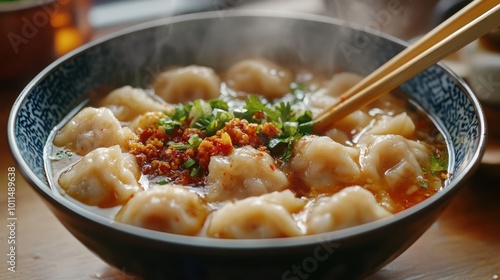 Steaming bowl of dumplings in a savory broth, garnished with chopped scallions and chili oil, with chopsticks reaching for one.