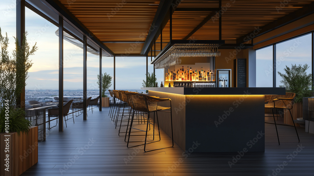 A Modern Rooftop Bar with Stunning Cityscape Views at Sunset