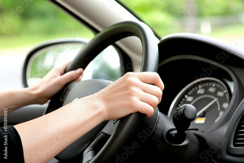 Driving to work in her car, a pretty middle-aged woman sits behind the wheel