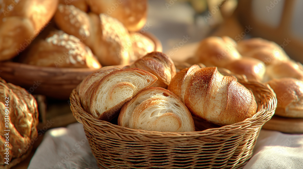 A variety of freshly baked bread in a rustic wicker basket A variety of freshly baked bread in a rustic wicker basket