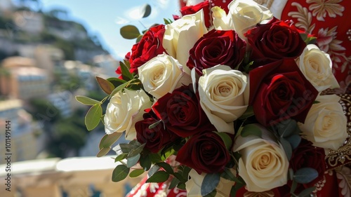 Red and White Roses in Ornate Traditional Attire, Monaco National Day photo